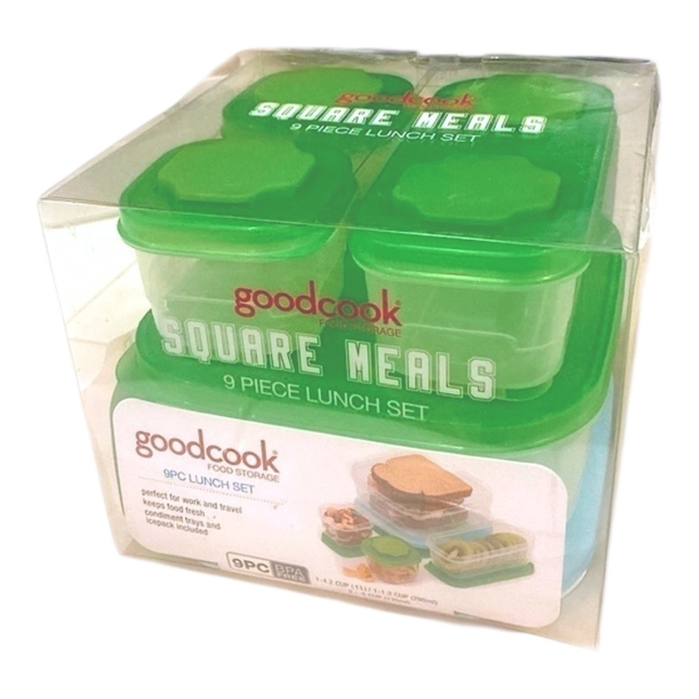 Good Cook Square Meals 9 Piece Lunch Set Green Modular with Icepack NWT Barcode